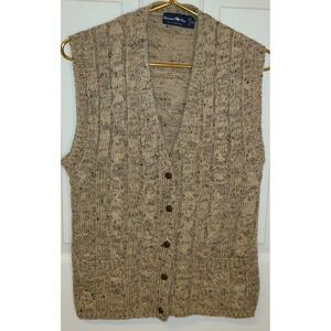 Vtg Hunters Run 97% Wool Sweater Vest Mens Sm Tan Cable Knit Button Up‎